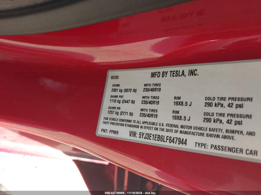 2020 Tesla Model 3 Long Range Dual Motor All-Wheel Drive VIN: 5YJ3E1EB6LF647944 Lot: 43738986