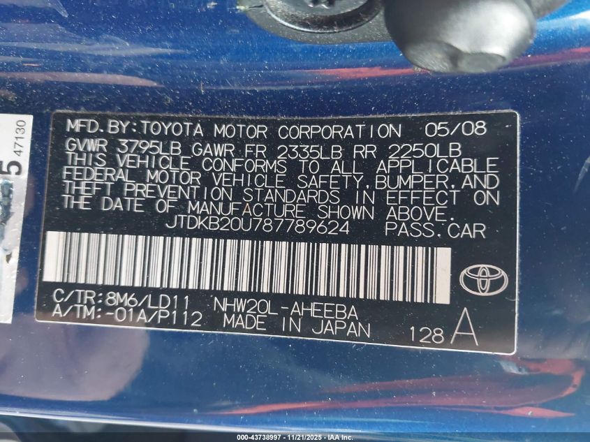 2008 Toyota Prius VIN: JTDKB20U787789624 Lot: 43738997