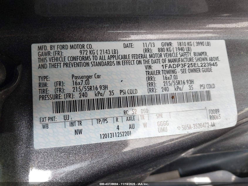 1FADP3F25EL223945 2014 FORD FOCUS photo no. 9
