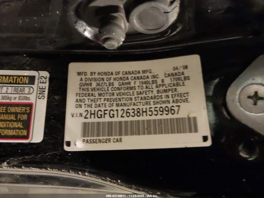 2008 Honda Civic Lx VIN: 2HGFG12638H559967 Lot: 43739011