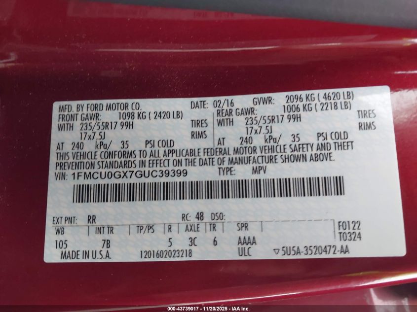 2016 Ford Escape Se VIN: 1FMCU0GX7GUC39399 Lot: 43739017