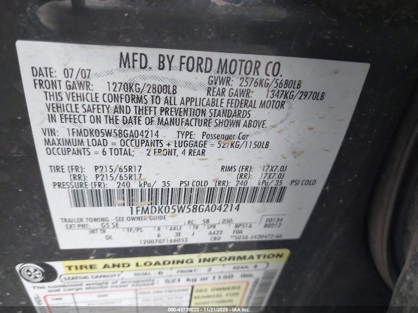 2008 Ford Taurus X Sel VIN: 1FMDK05W58GA04214 Lot: 43739020