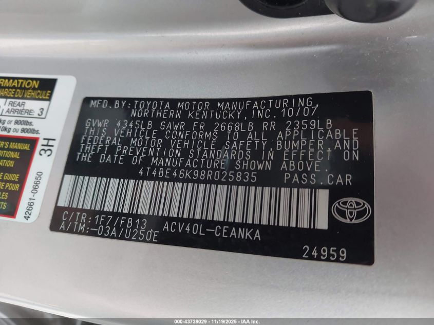 2008 Toyota Camry Le VIN: 4T4BE46K98R025835 Lot: 43739029