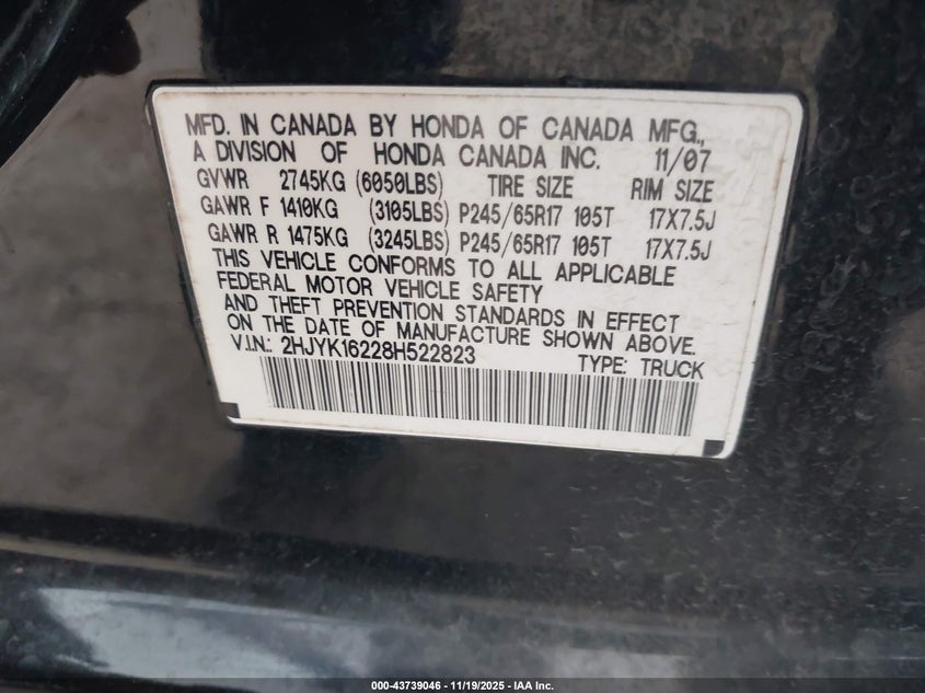 2008 Honda Ridgeline Rt VIN: 2HJYK16228H522823 Lot: 43739046