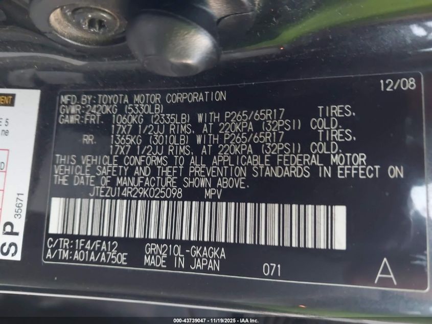 2009 Toyota 4Runner Sr5 V6 VIN: JTEZU14R29K025098 Lot: 43739047