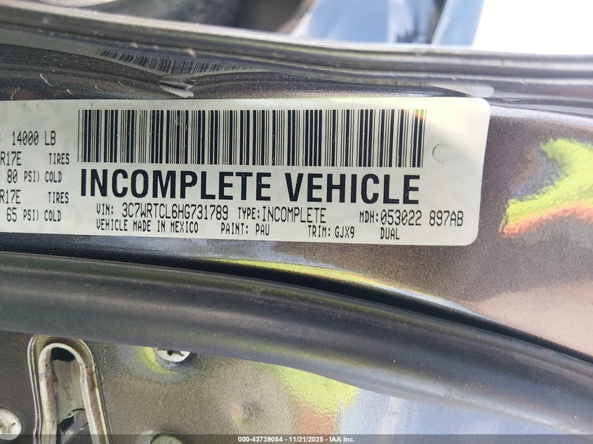 2017 Ram 3500 Chassis Tradesman/Slt/Laramie VIN: 3C7WRTCL6HG731789 Lot: 43739054