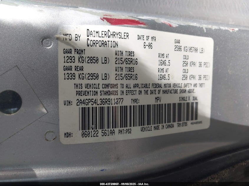 2006 Chrysler Town & Country Touring VIN: 2A4GP54L36R911377 Lot: 43739067