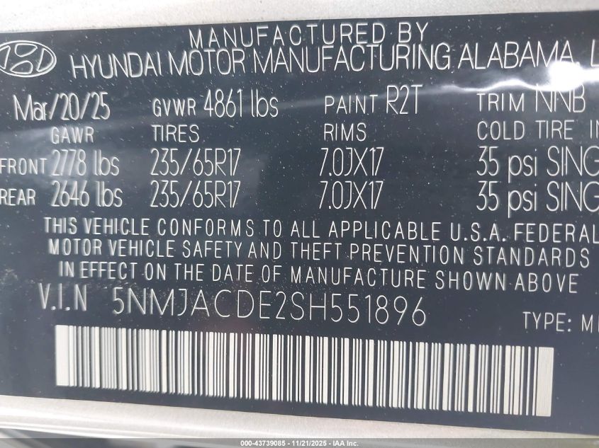 2025 Hyundai Tucson Se VIN: 5NMJACDE2SH551896 Lot: 43739085