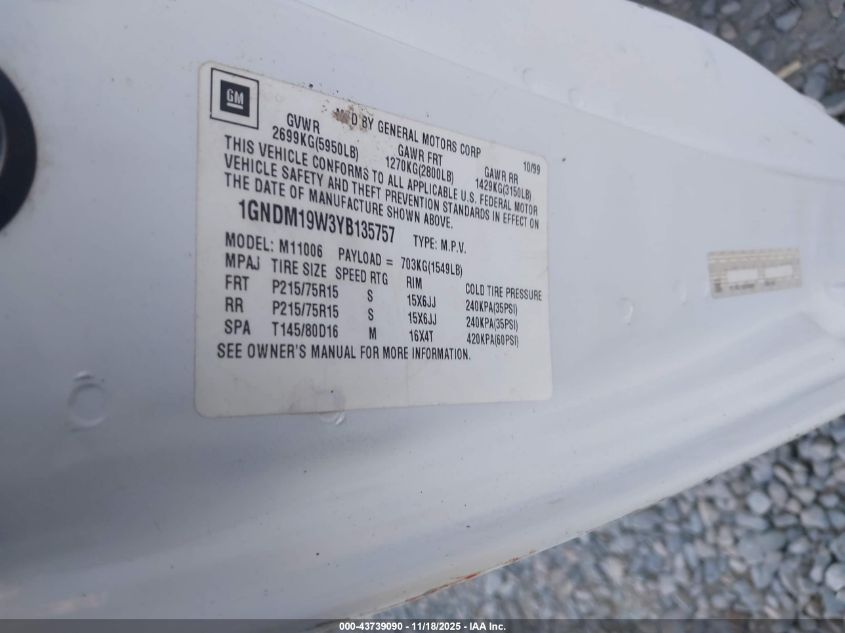 2000 Chevrolet Astro VIN: 1GNDM19W3YB135757 Lot: 43739090