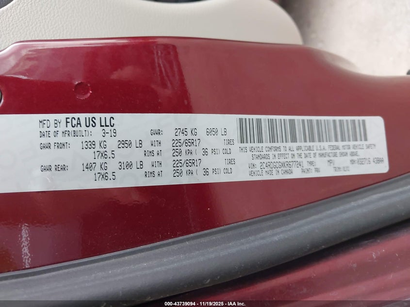 2019 Dodge Grand Caravan Sxt VIN: 2C4RDGCGXKR677241 Lot: 43739094