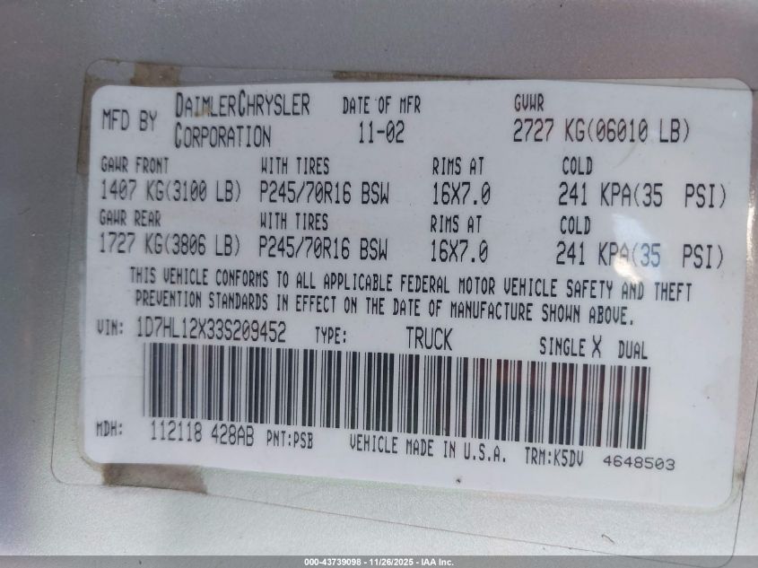 2003 Dodge Dakota VIN: 1D7HL12X33S209452 Lot: 43739098