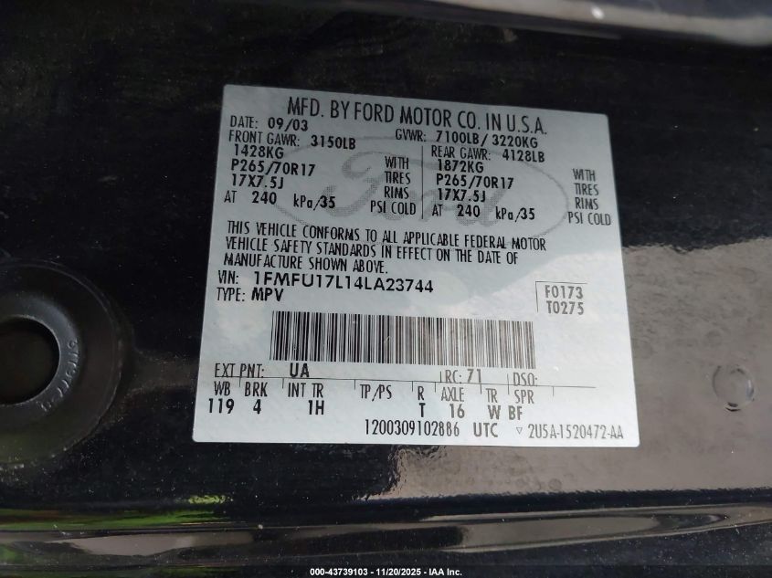 2004 Ford Expedition Eddie Bauer VIN: 1FMFU17L14LA23744 Lot: 43739103