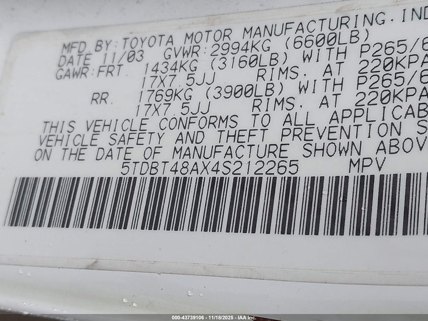 2004 Toyota Sequoia Limited V8 VIN: 5TDBT48AX4S212265 Lot: 43739106