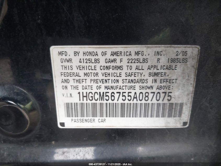 2005 Honda Accord 2.4 Ex VIN: 1HGCM56755A087075 Lot: 43739121
