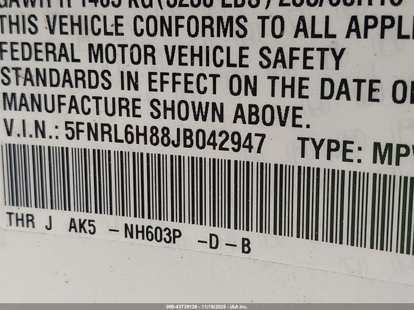 2018 Honda Odyssey Touring VIN: 5FNRL6H88JB042947 Lot: 43739126