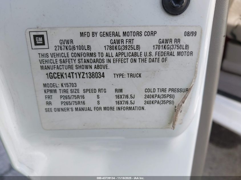 2000 Chevrolet Silverado 1500 Ls VIN: 1GCEK14T1YZ138034 Lot: 43739134