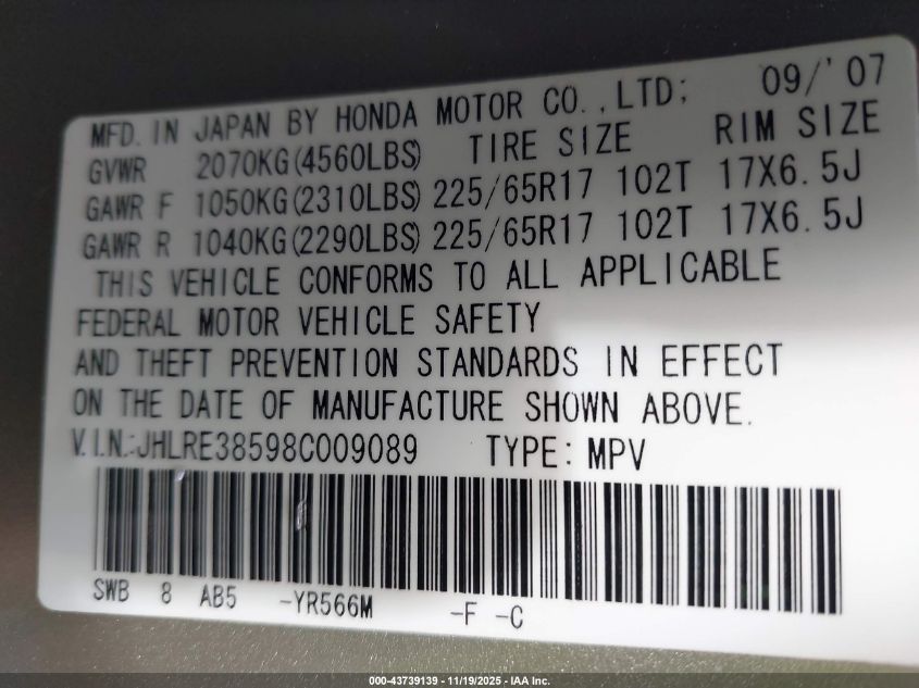 2008 Honda Cr-V Ex VIN: JHLRE38598C009089 Lot: 43739139