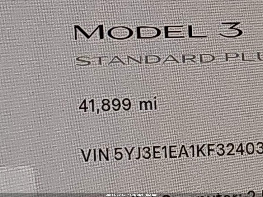 2019 Tesla Model 3 Long Range/Mid Range/Standard Range/Standard Range Plus VIN: 5YJ3E1EA1KF324035 Lot: 43739142