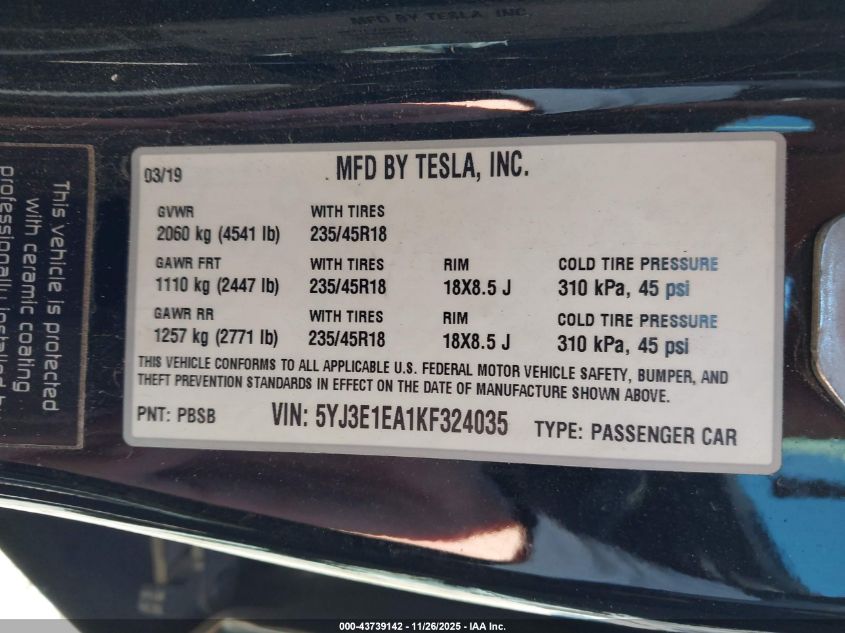 2019 Tesla Model 3 Long Range/Mid Range/Standard Range/Standard Range Plus VIN: 5YJ3E1EA1KF324035 Lot: 43739142