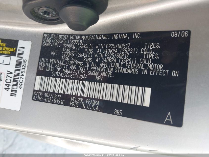 2006 Toyota Sienna Xle Limited VIN: 5TDZA22C66S547044 Lot: 43739145