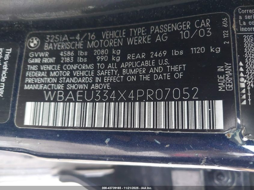 2004 BMW 325Xi VIN: WBAEU334X4PR07052 Lot: 43739165