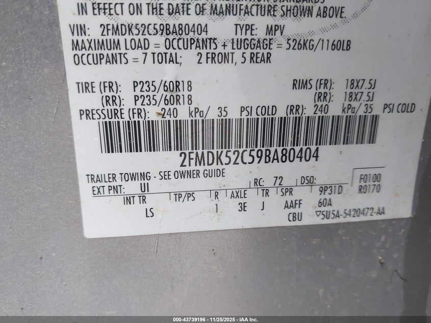 2009 Ford Flex Sel VIN: 2FMDK52C59BA80404 Lot: 43739196