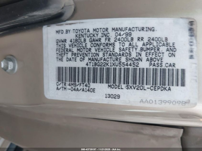 1999 Toyota Camry Ce VIN: 4T1BG22K1XU554452 Lot: 43739197