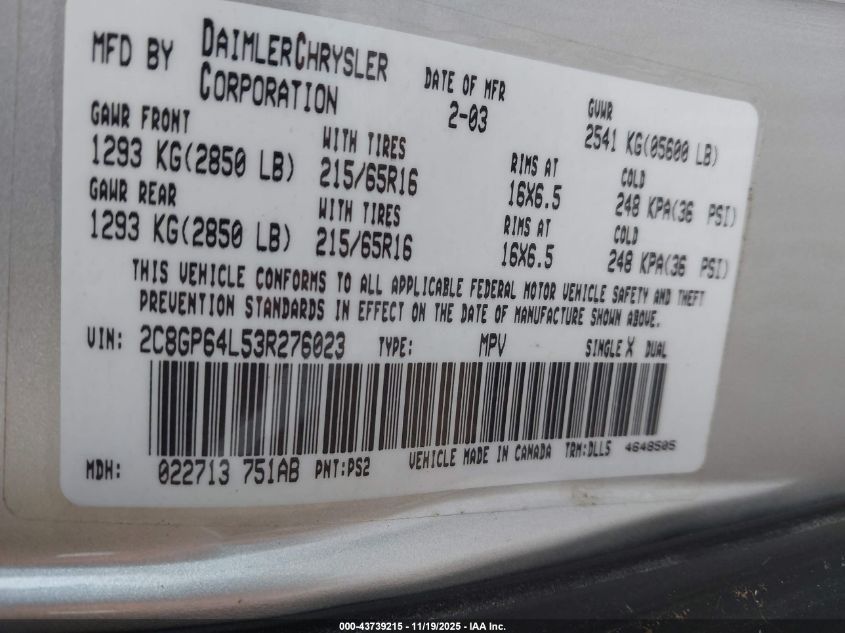 2003 Chrysler Town & Country Limited VIN: 2C8GP64L53R276023 Lot: 43739215