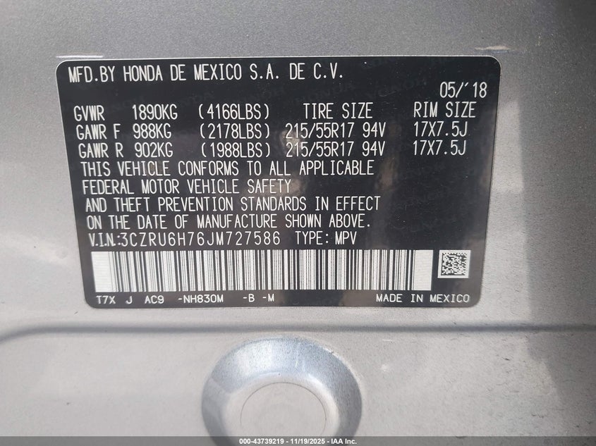 3CZRU6H76JM727586 2018 HONDA HR-V photo no. 9