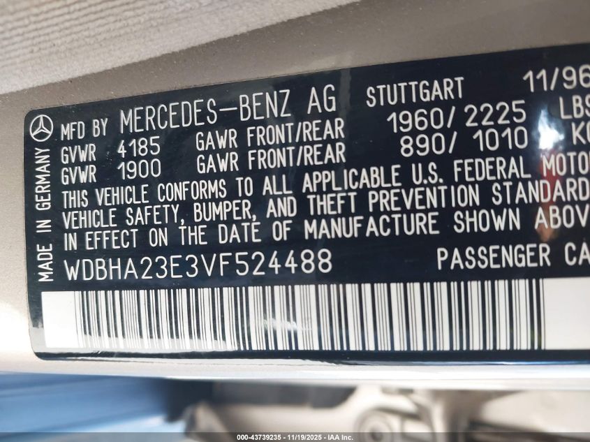 1997 Mercedes-Benz C 230 VIN: WDBHA23E3VF524488 Lot: 43739235