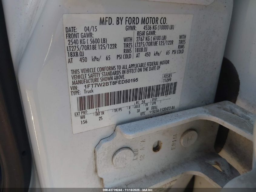 2015 Ford F-250 Xlt VIN: 1FT7W2BT8FED50195 Lot: 43739244