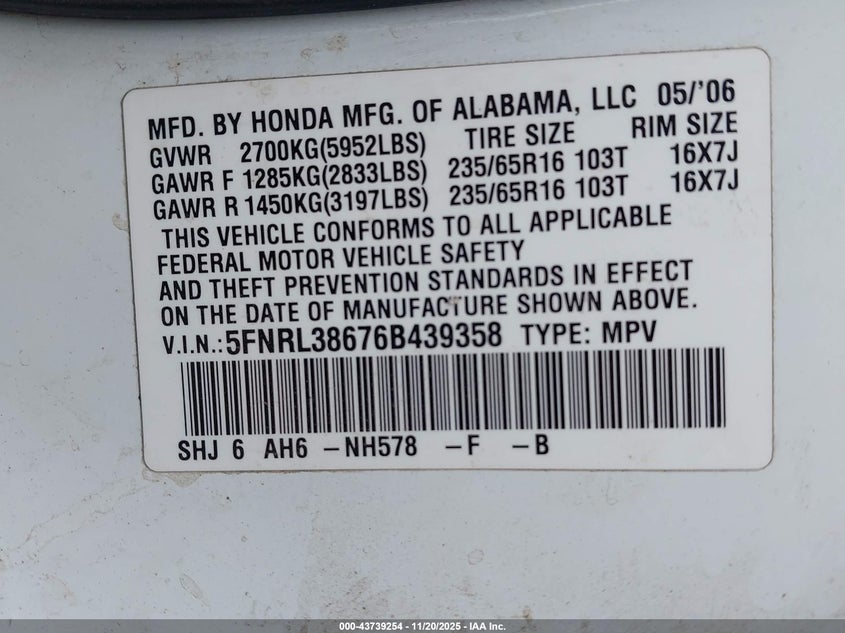 2006 Honda Odyssey Ex-L VIN: 5FNRL38676B439358 Lot: 43739254