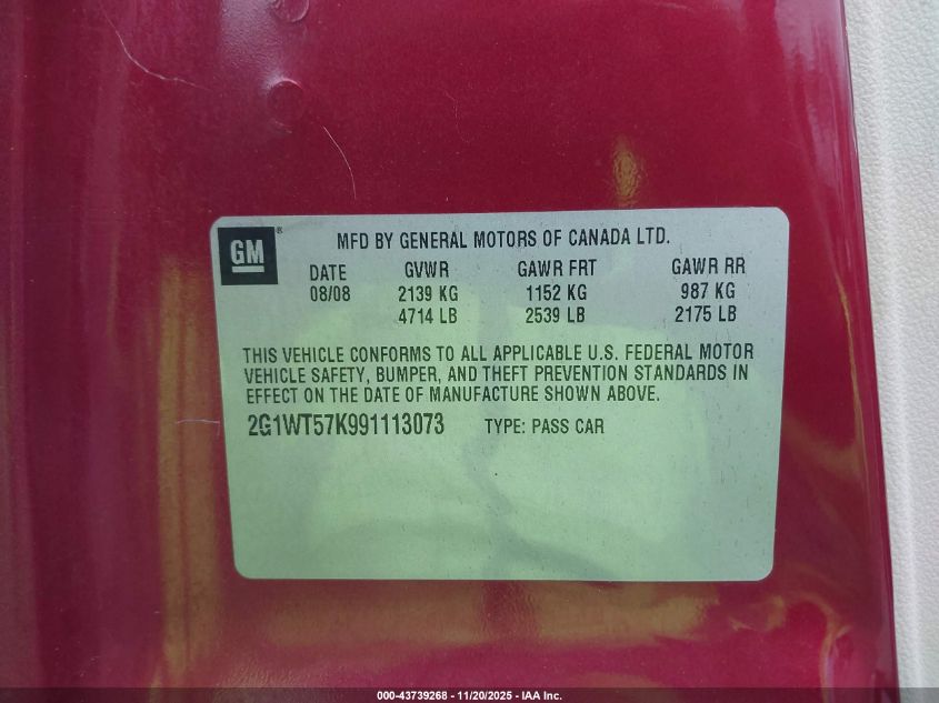 2009 Chevrolet Impala Lt VIN: 2G1WT57K991113073 Lot: 43739268