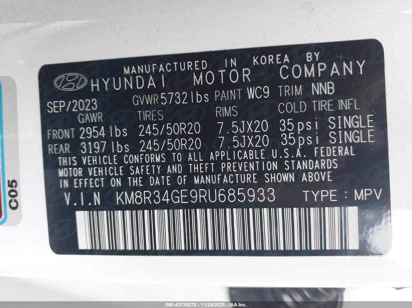 2024 Hyundai Palisade Xrt VIN: KM8R34GE9RU685933 Lot: 43739270