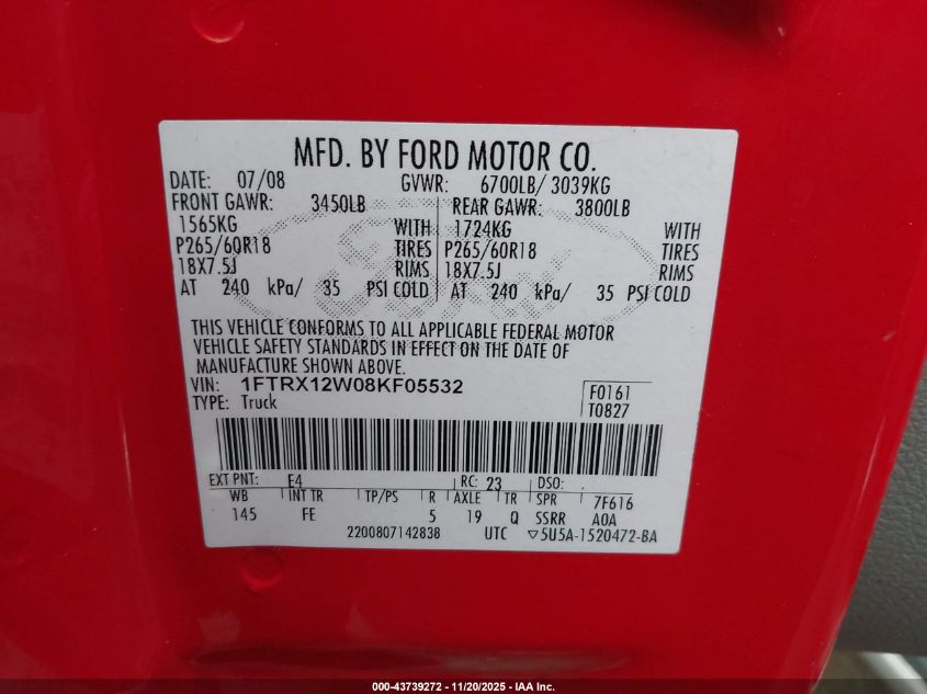 2008 Ford F-150 Fx2/Stx/Xl/Xlt VIN: 1FTRX12W08KF05532 Lot: 43739272