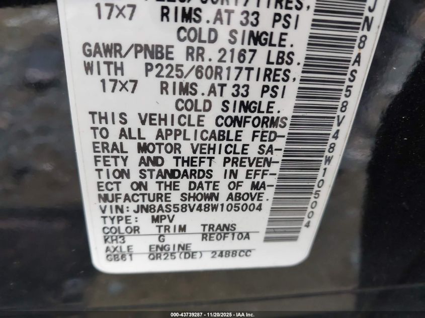 2008 Nissan Rogue Sl VIN: JN8AS58V48W105004 Lot: 43739287