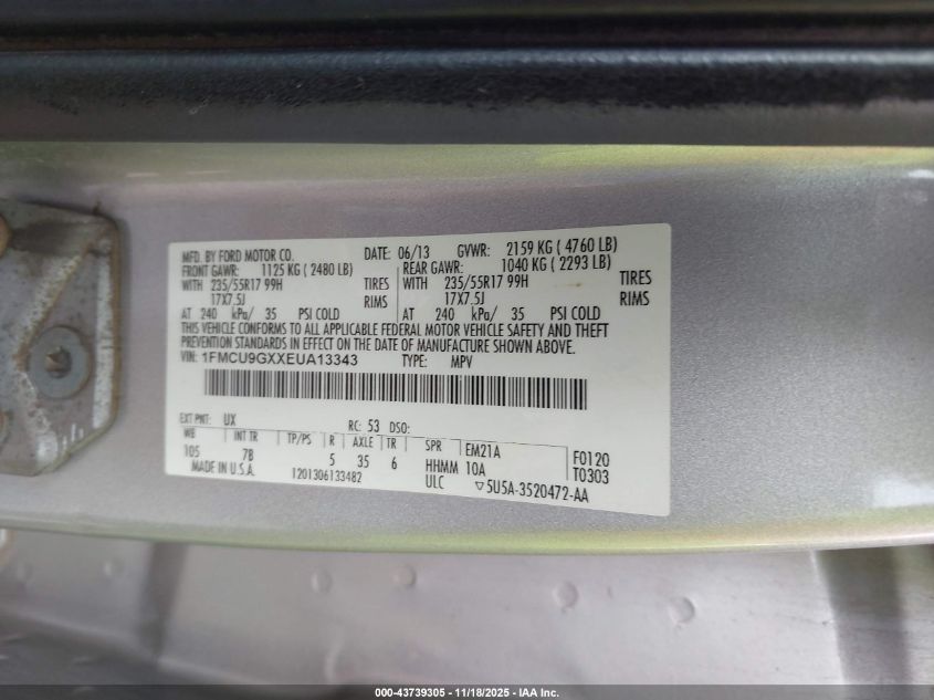 2014 Ford Escape Se VIN: 1FMCU9GXXEUA13343 Lot: 43739305