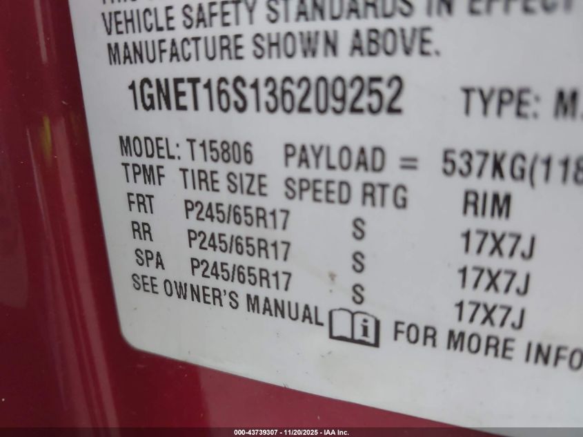 2003 Chevrolet Trailblazer Ext Lt VIN: 1GNET16S136209252 Lot: 43739307