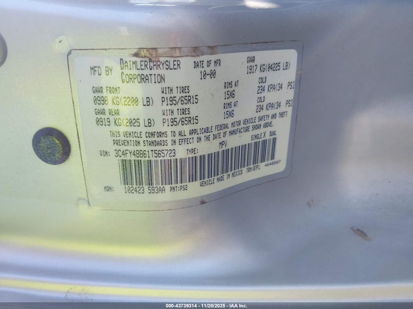 2001 Chrysler Pt Cruiser VIN: 3C4FY4BB61T565723 Lot: 43739314