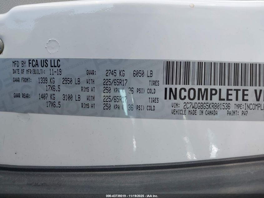 2019 Dodge Grand Caravan Se VIN: 2C7WDGBG5KR801536 Lot: 43739319