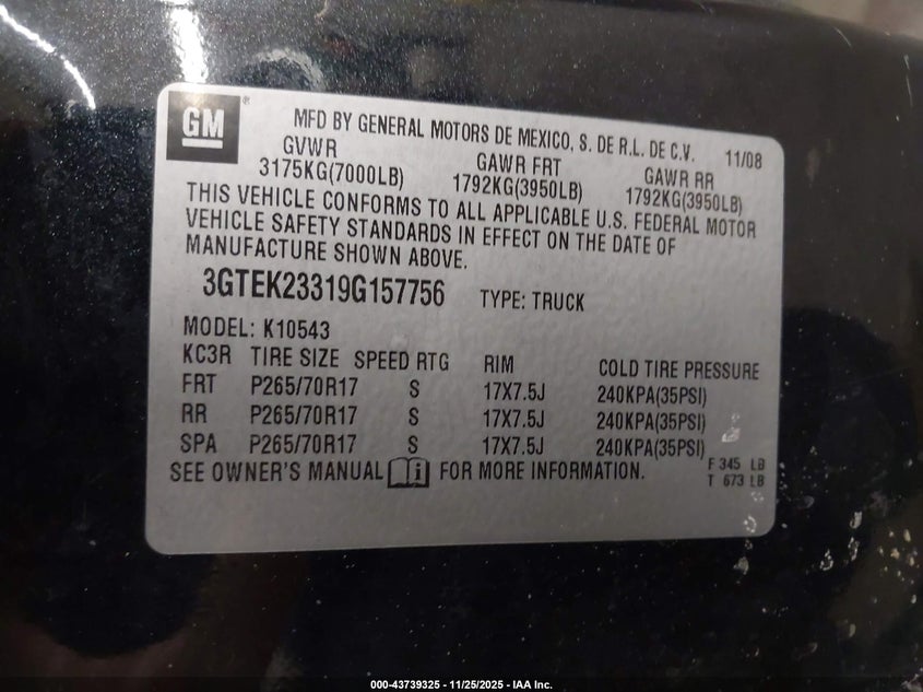 2009 GMC Sierra 1500 Sle VIN: 3GTEK23319G157756 Lot: 43739325