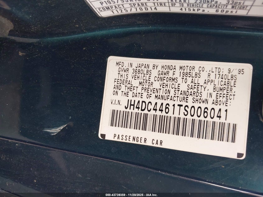 1996 Acura Integra Se VIN: JH4DC4461TS006041 Lot: 43739359