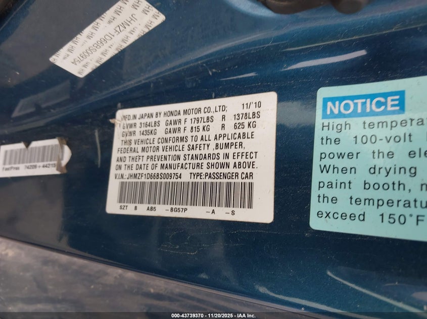 2011 Honda Cr-Z Ex VIN: JHMZF1D66BS009754 Lot: 43739370