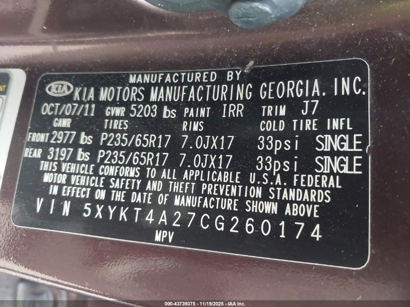 2012 Kia Sorento Lx V6 VIN: 5XYKT4A27CG260174 Lot: 43739375