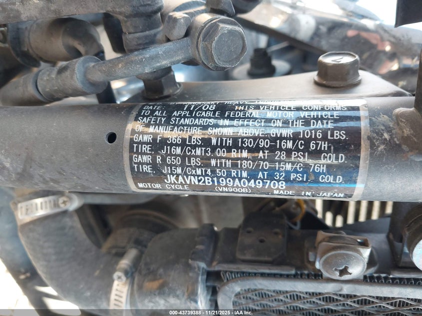 2009 Kawasaki Vn900 B VIN: JKAVN2B199A049708 Lot: 43739388
