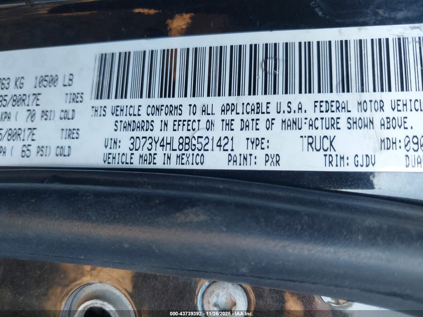 2011 Ram Ram 3500 Laramie VIN: 3D73Y4HL8BG521421 Lot: 43739392