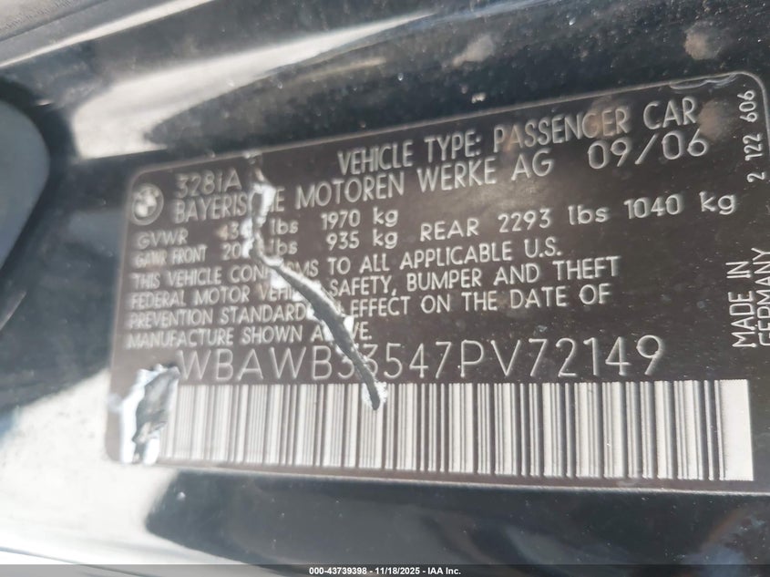 2007 BMW 328I VIN: WBAWB33547PV72149 Lot: 43739398