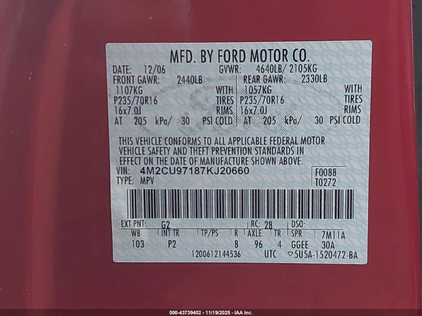 2007 Mercury Mariner Premier VIN: 4M2CU97187KJ20660 Lot: 43739402