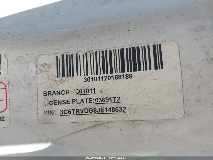 2018 Ram Promaster 2500 High Roof 159 Wb VIN: 3C6TRVDG8JE148632 Lot: 43739428