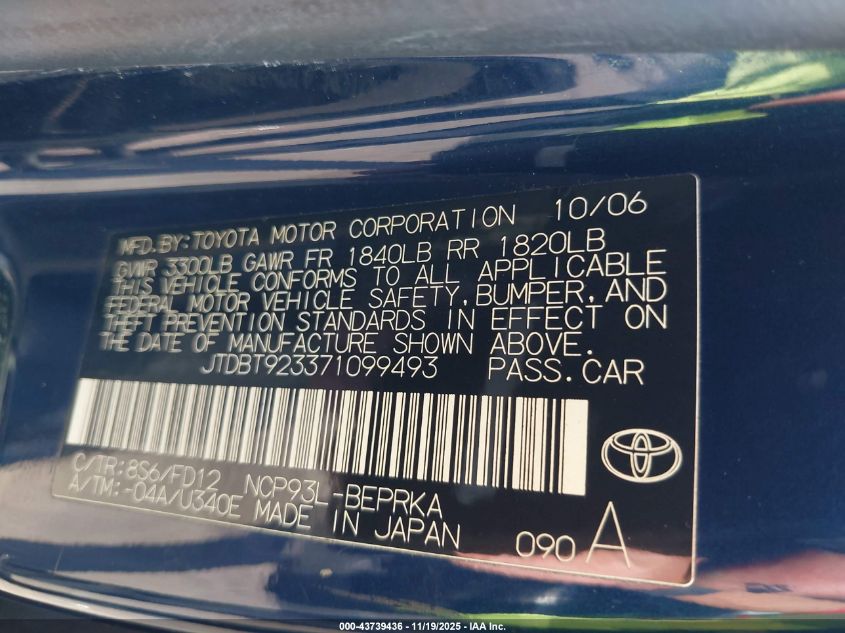 2007 Toyota Yaris VIN: JTDBT923371099493 Lot: 43739436